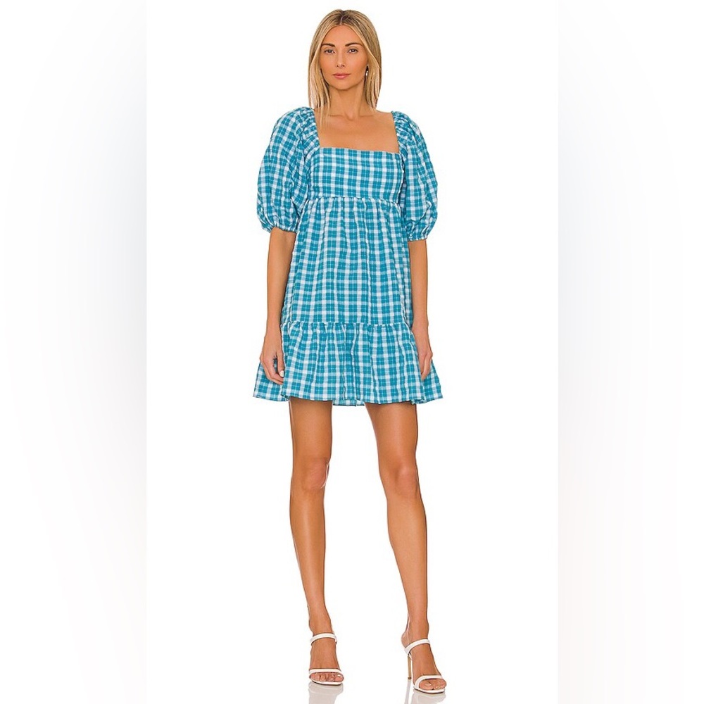 Amanda Uprichard Lucietta Dress in‎ Sutton Plaid Blue White Puff Sleeve babydoll